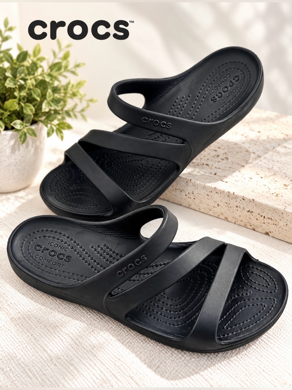 CROCS Women's Black Triple-Strap Slide Sandals Size 9
